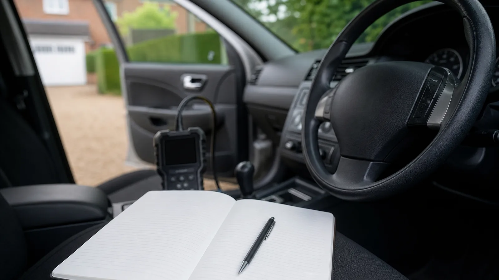 Notebook recording freeze-frame data beside a parked car during a diagnostic check