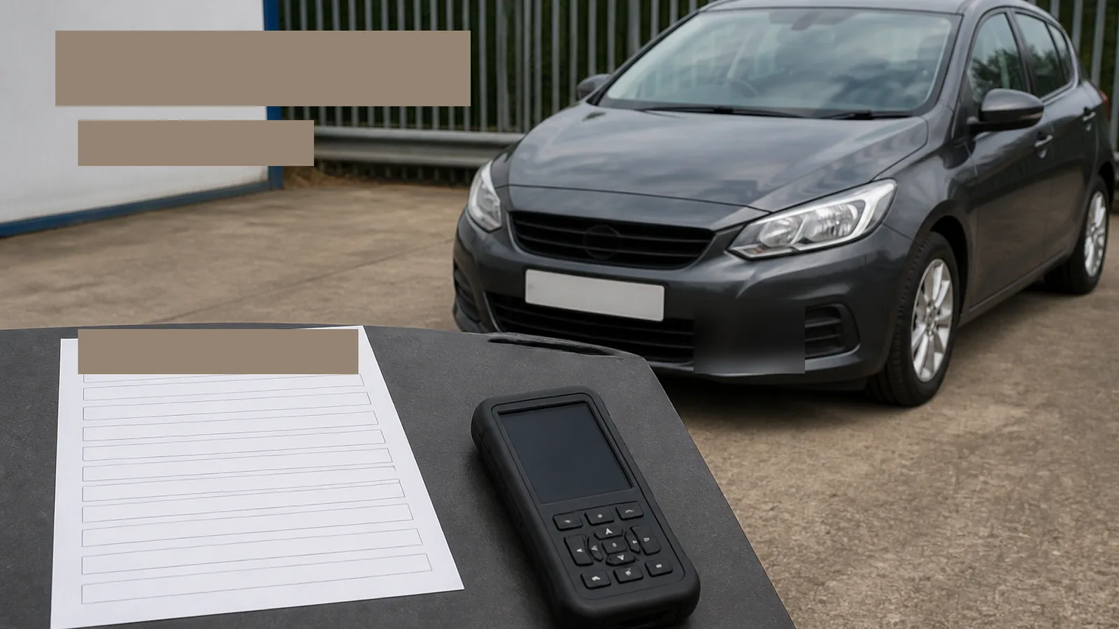 Car scanner compatibility checklist beside a UK hatchback