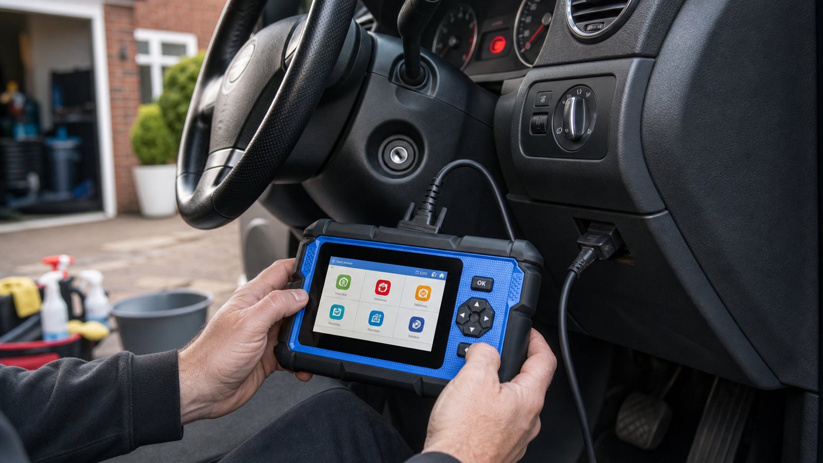 Handheld Android OBD scanner on a UK garage bench