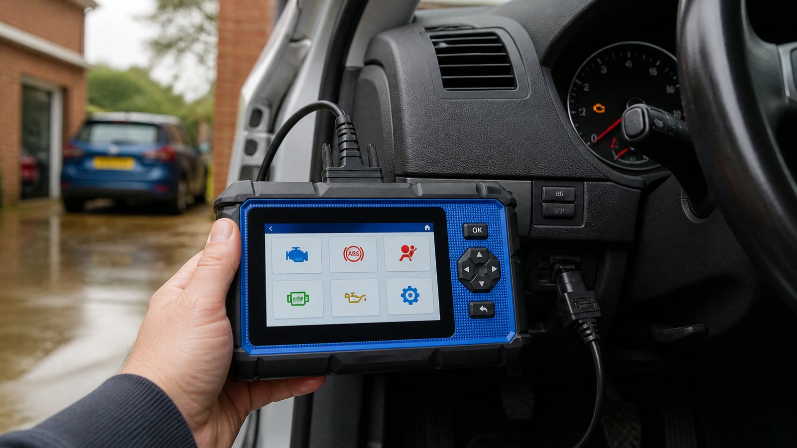 Handheld scanner connected for a DIY service light reset
