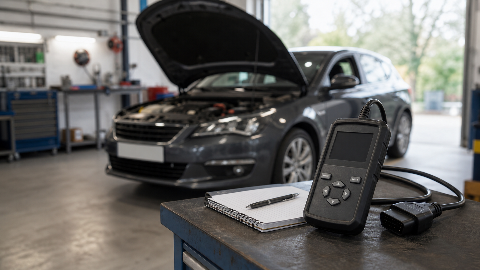 Generic automotive diagnostic scanner on a workshop bench