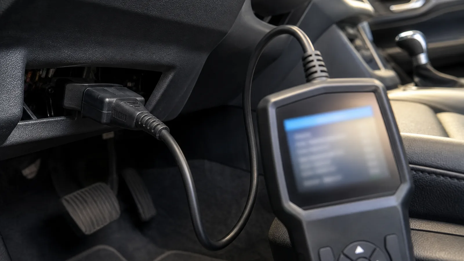Diagnostic connector seated in a parked car while a scanner checks communication