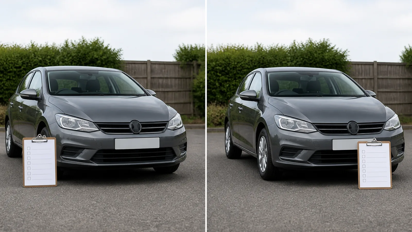Before-and-after diagnostic report checklists beside the same parked car